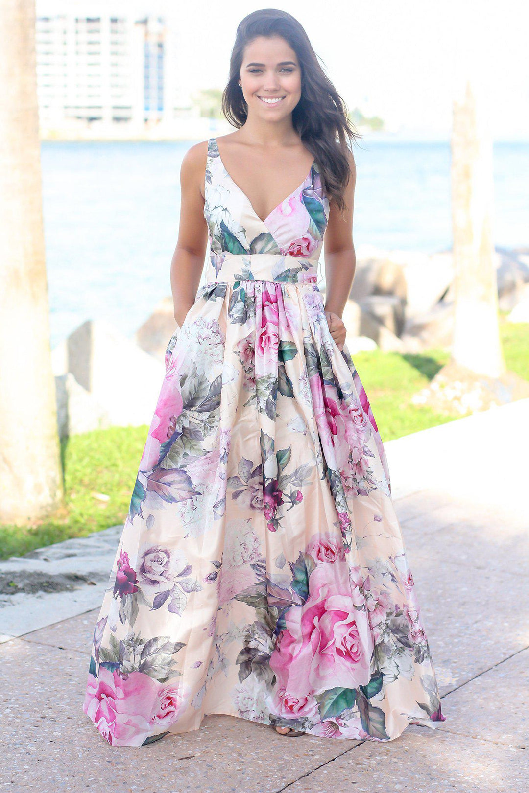 open lace back dress Pink Floral Printed Maxi Dress with Lace Back