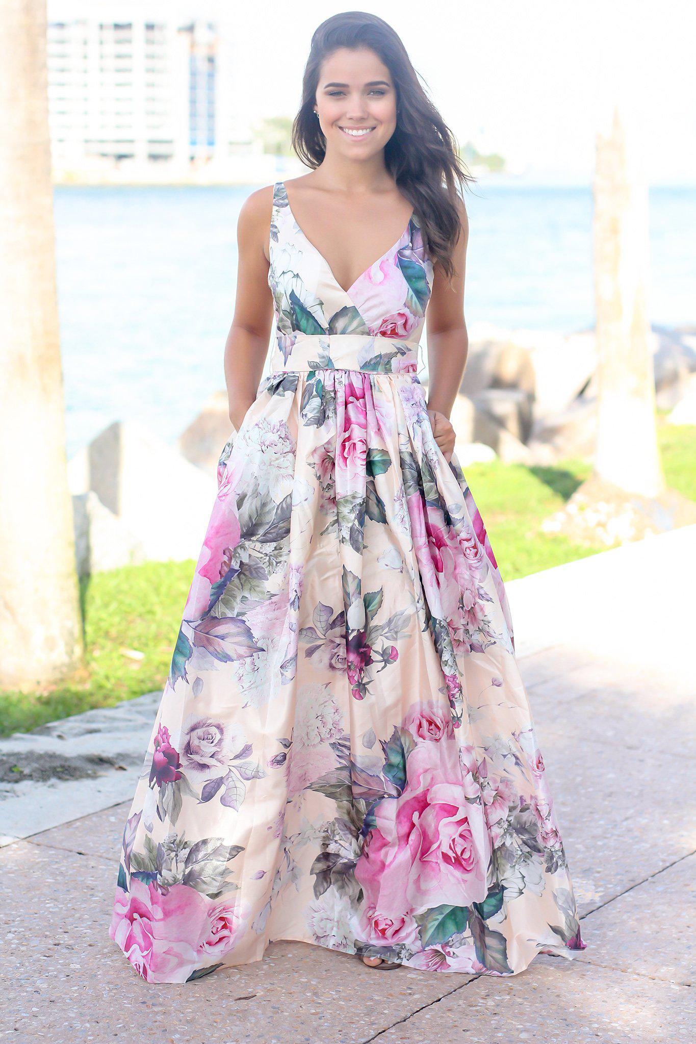 Pink Floral Printed Maxi Dress with Lace Back