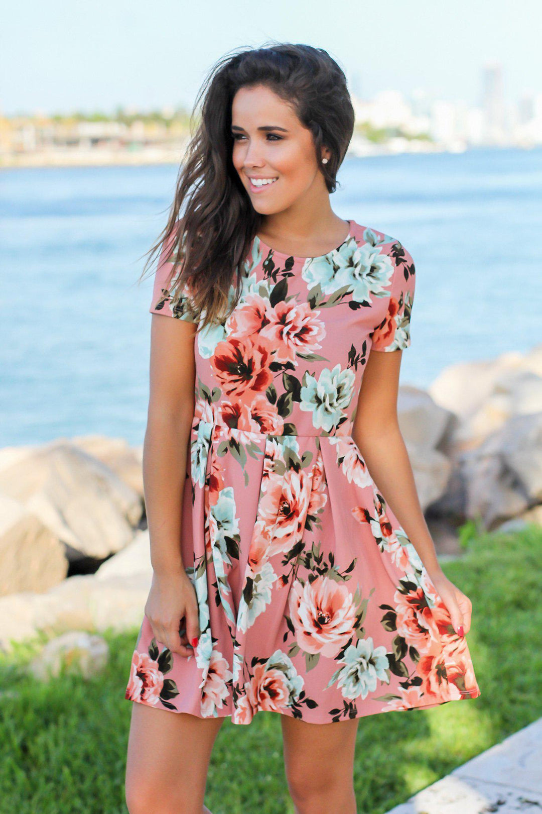 strapless open back dress Pink Floral Short Dress with Pleats