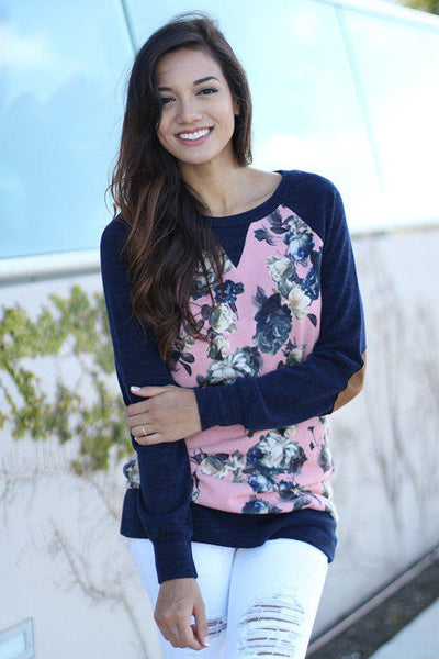 Navy and Pink Floral Top With Elbow Patch