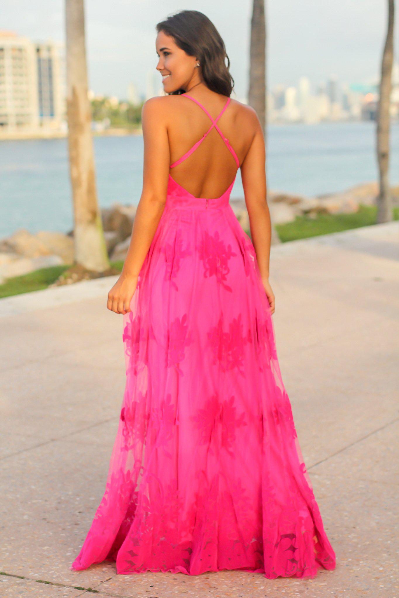 Pink Floral Tulle Maxi Dress with Criss Cross Back