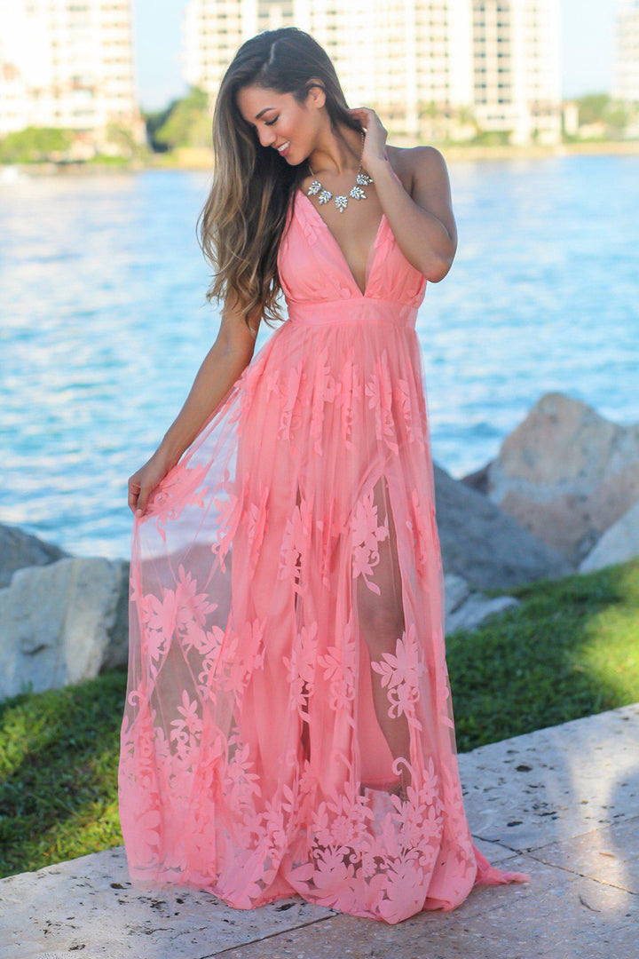 open lace back dress Pink Floral Tulle Maxi Dress with Criss Cross Back