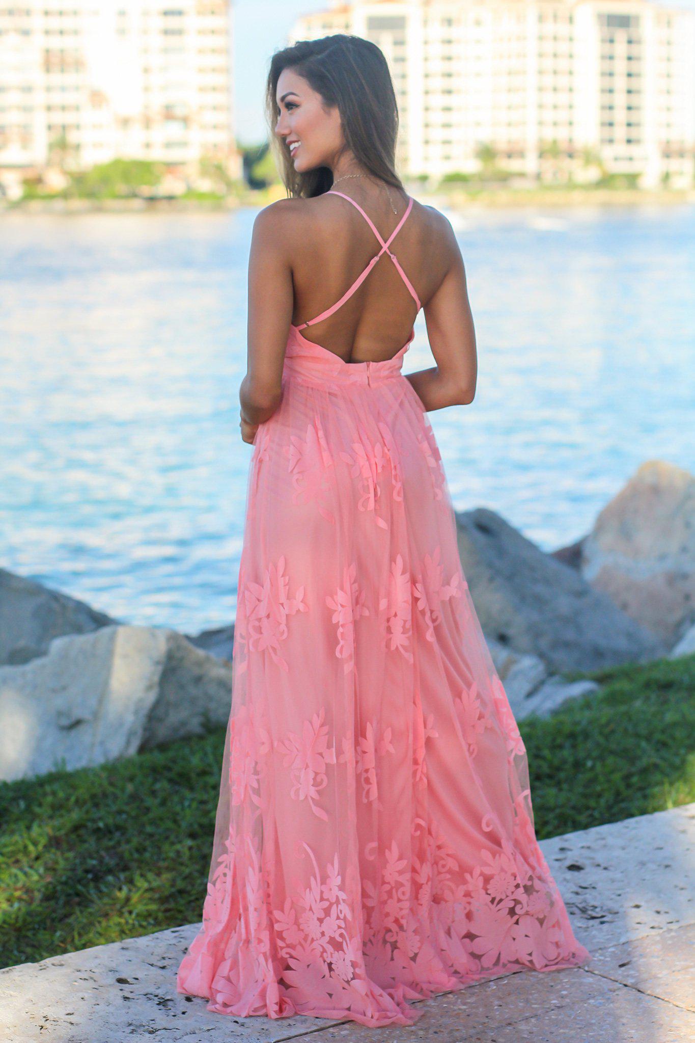 Pink Floral Tulle Maxi Dress with Criss Cross Back