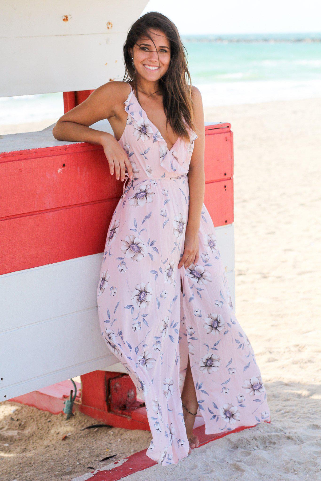 Pink Floral Wrap Maxi Dress with Criss Cross Back