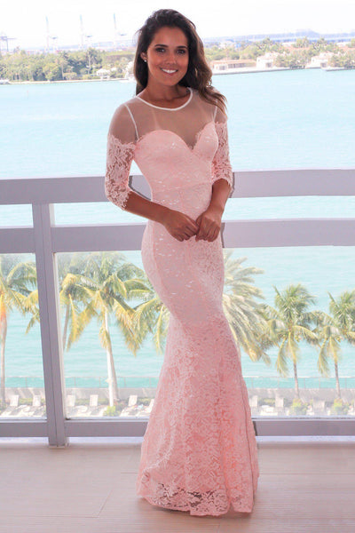Pink Lace Illusion Top Maxi Dress