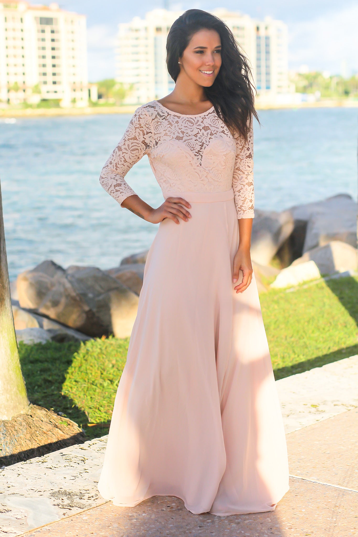 Pink Lace Maxi Dress with 3/4 Sleeves