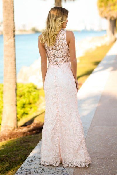 Pink Lace Maxi Dress with Front Slit