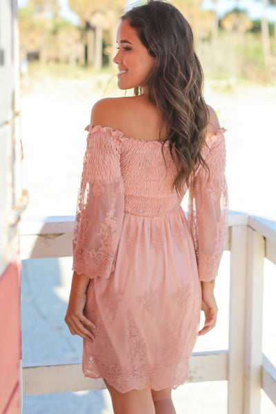 Pink Lace Off Shoulder Short Dress