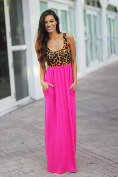 Pink Leopard Maxi Dress with Pockets