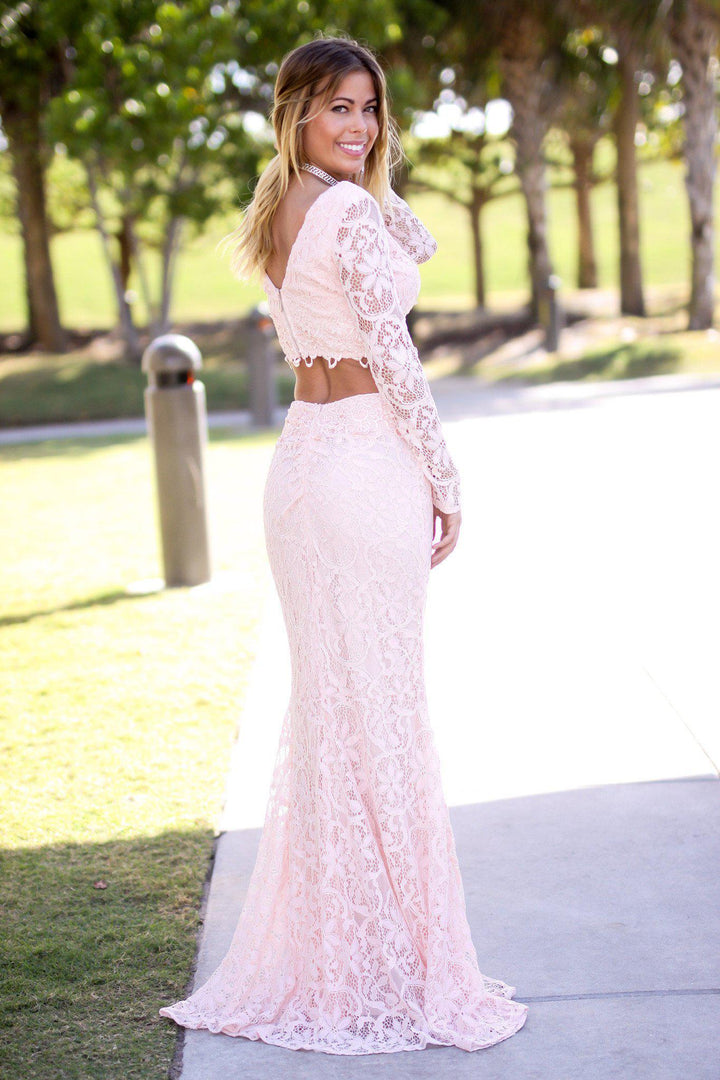 Pink V-Neck Long Sleeve Lace Two Piece | Formal Dresses Saved by the Dress Pink V-Neck Long Sleeve Lace Two Piece | Formal Dresses Saved by the Dress