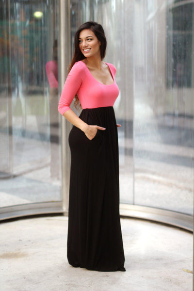 Pink And Black Maxi Dress With 3/4 Sleeves