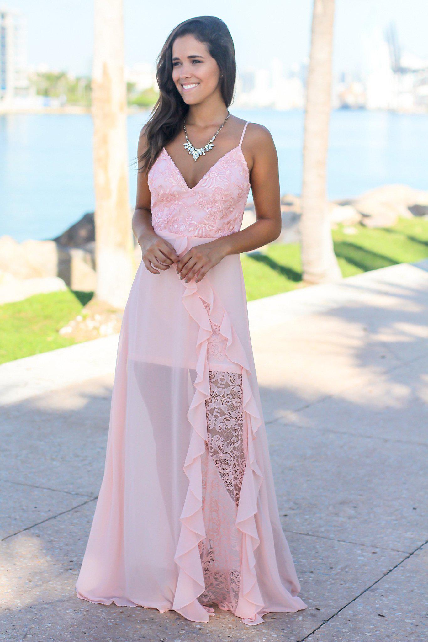 Pink Maxi Dress with Embroidered Top and Lace Detail