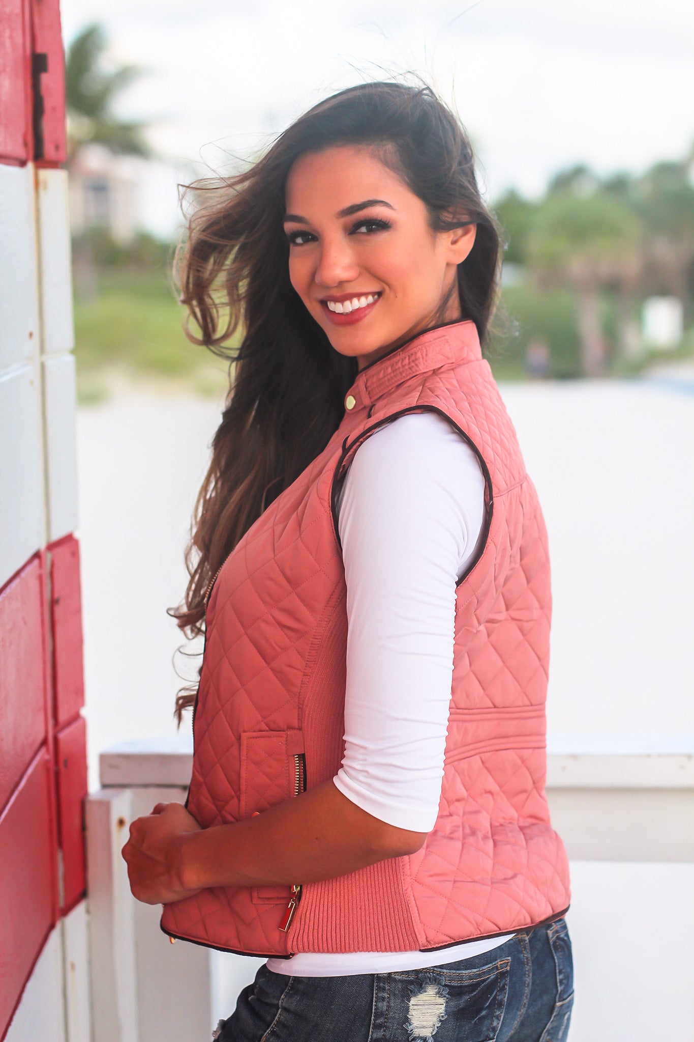 Pink Quilted Vest with Pockets
