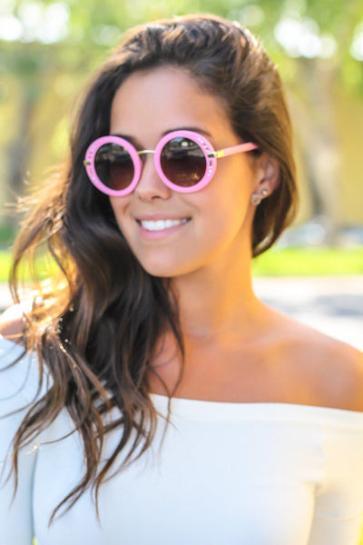 Pink Round Sunglasses with Gold Detail