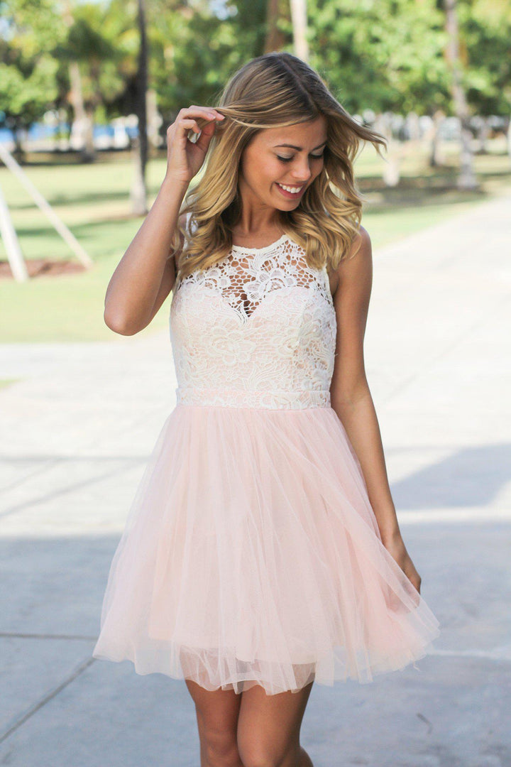 open lace back dress Pink sweetheart neck tulle sequin short prom dress pink homecoming dre –  dresstby main image 1