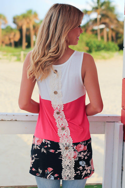Pink Sleeveless Color Block Top with Back Button Detail