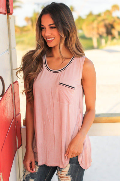 Pink Sleeveless Top with Striped Trim