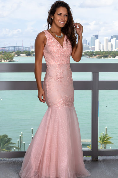 Pink V-Neck Lace Maxi Dress with Tulle Bottom