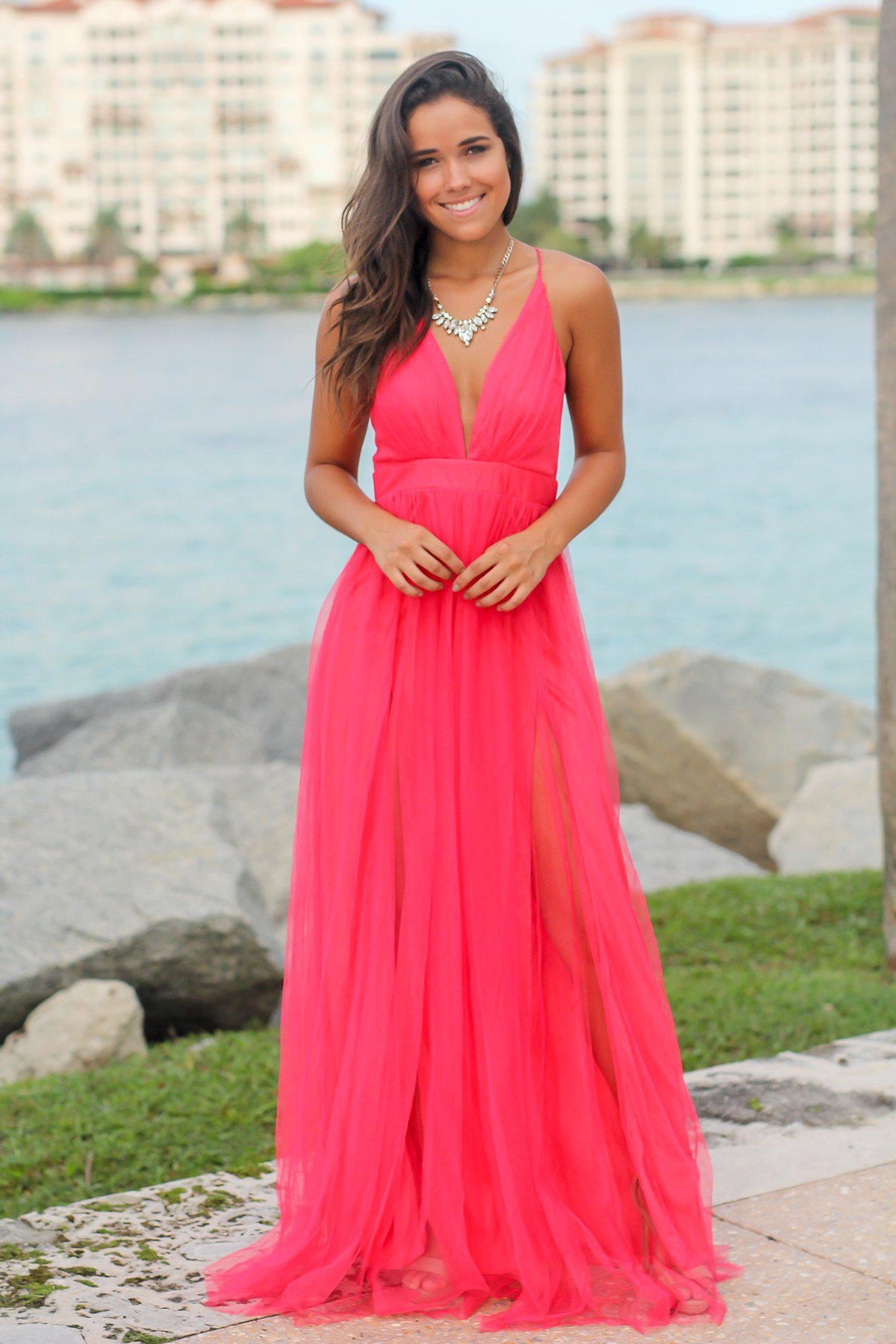 Watermelon V-Neck Tulle Maxi Dress with Criss Cross Back | Maxi Dresses ...