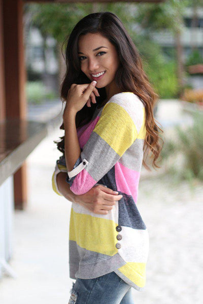 Pink and Yellow Color Block Top With Buttons