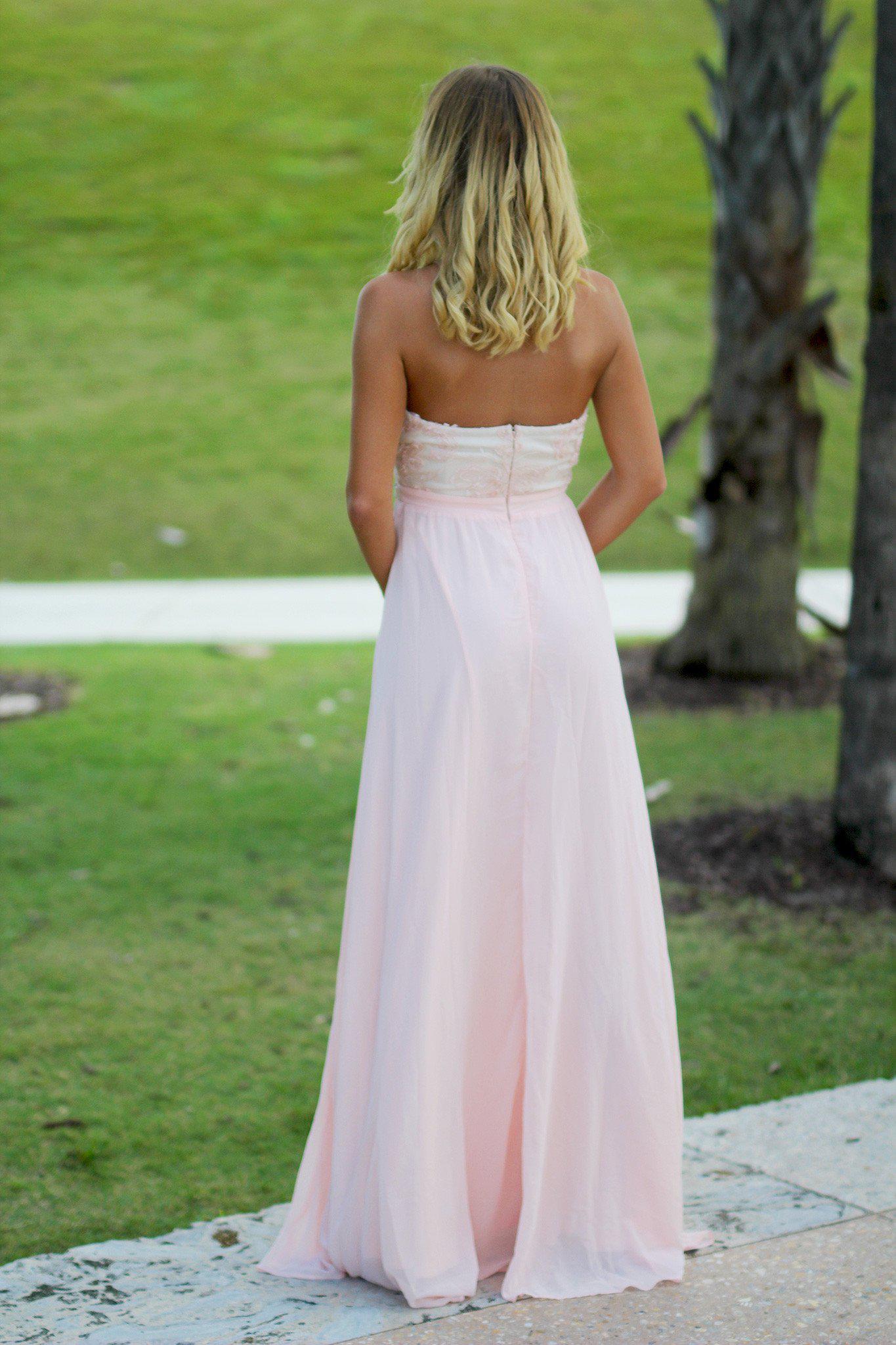 Pink and Beige Lace Top Maxi Dress