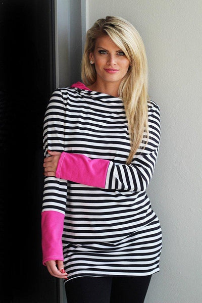 Pink and Black Striped Hooded Tunic