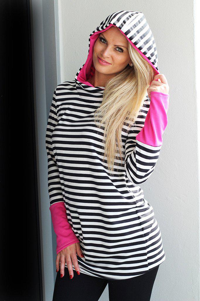Pink and Black Striped Hooded Tunic