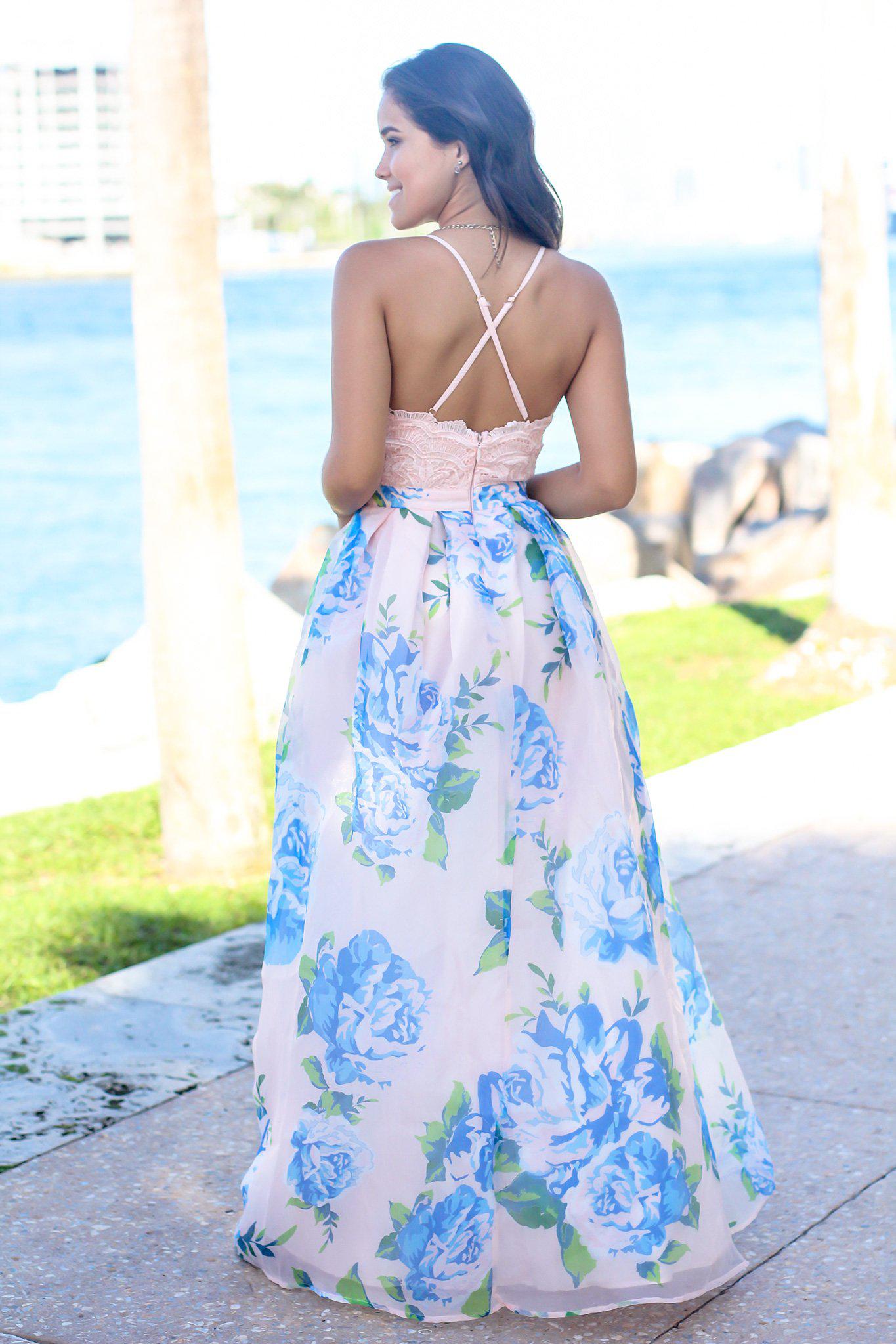 Pink and Blue Floral Maxi Dress with Crochet Top