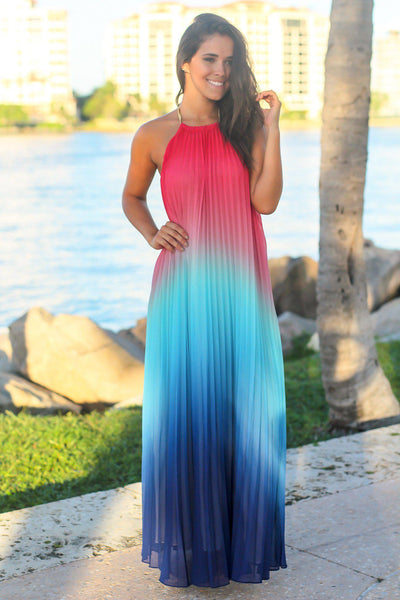 Pink and Blue Pleated Maxi Dress