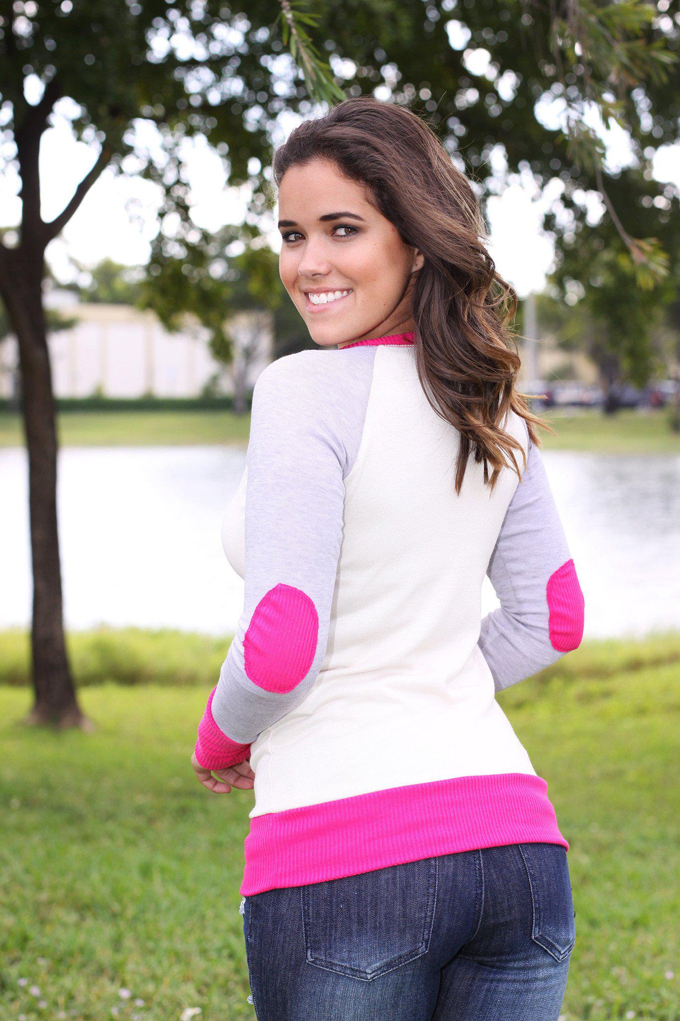 Pink and Cream Top with Elbow Patches
