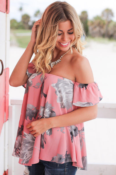 Pink and Gray Floral Off Shoulder Top
