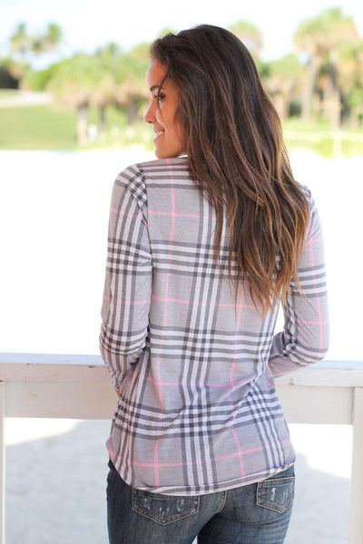 Pink and Gray Plaid Long Sleeve Top