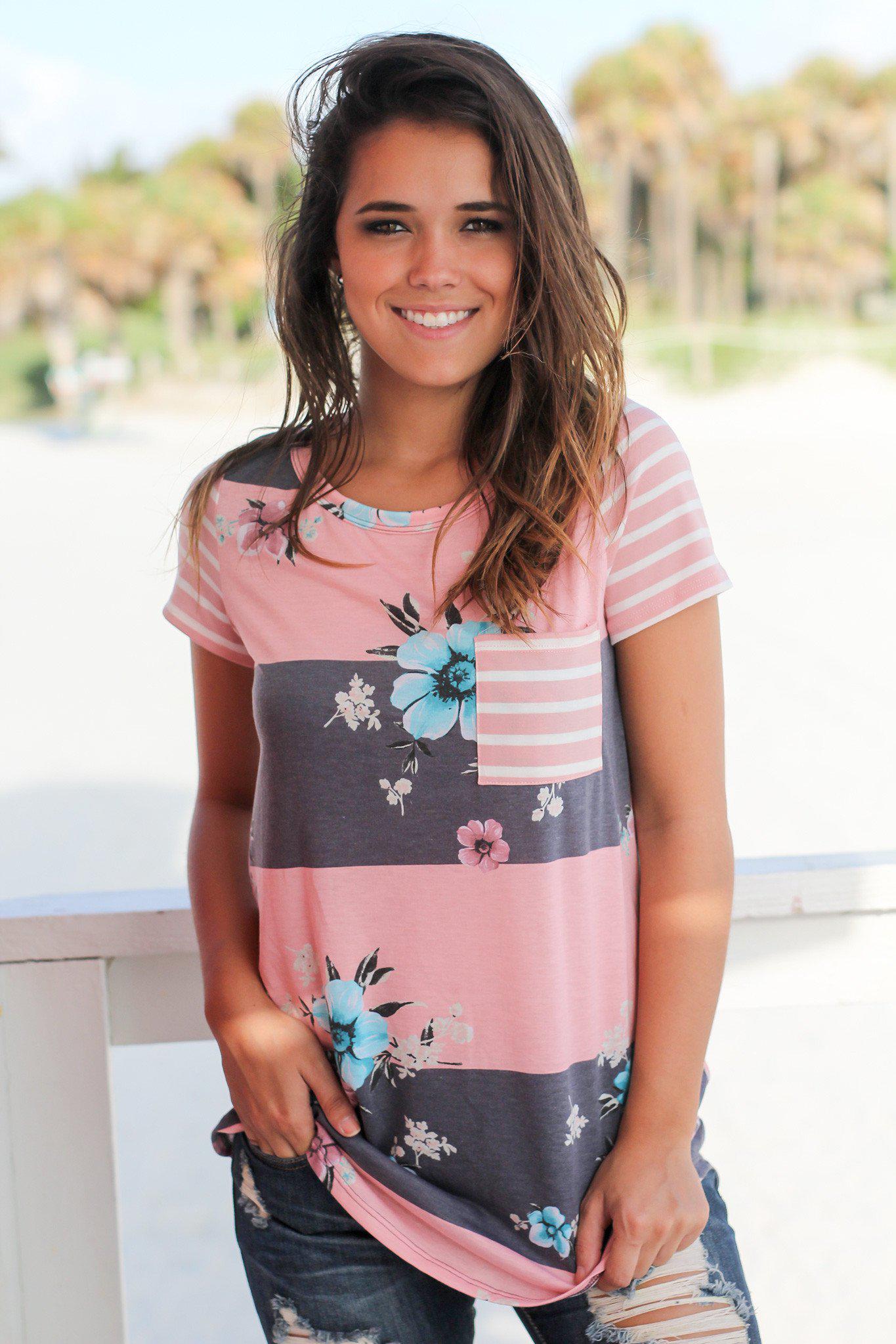 Pink and Navy Floral Striped Top