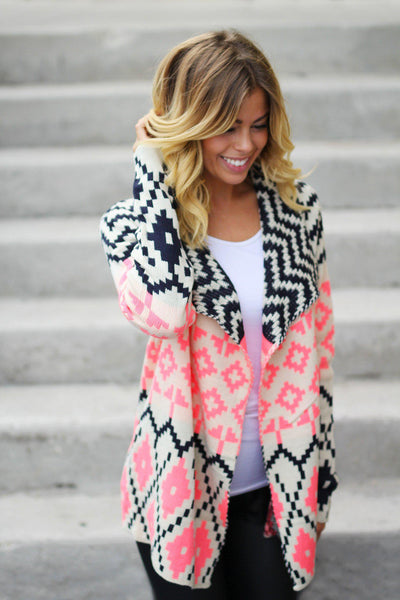 Neon Pink and Navy Printed Cardigan