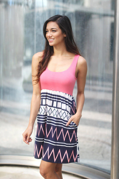 Pink and Navy Short Dress with Pockets