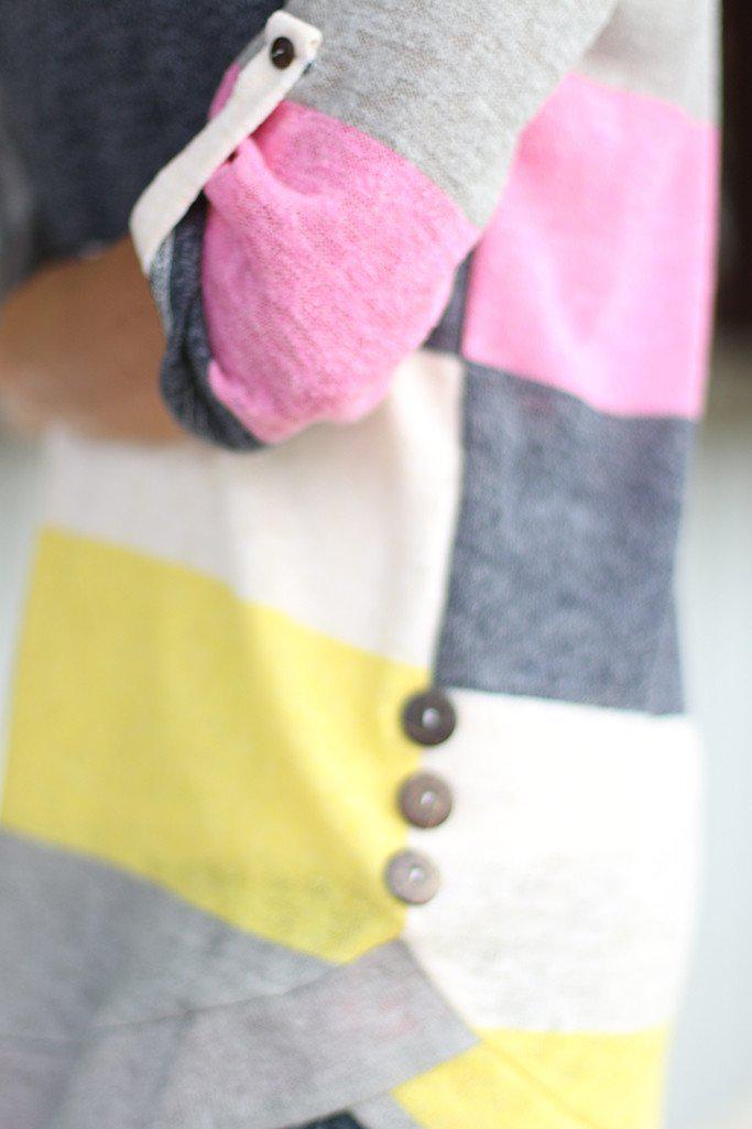 Pink and Yellow Color Block Top With Buttons
