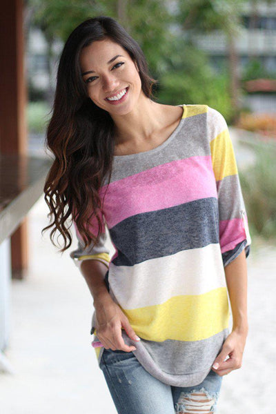 Pink and Yellow Color Block Top With Buttons