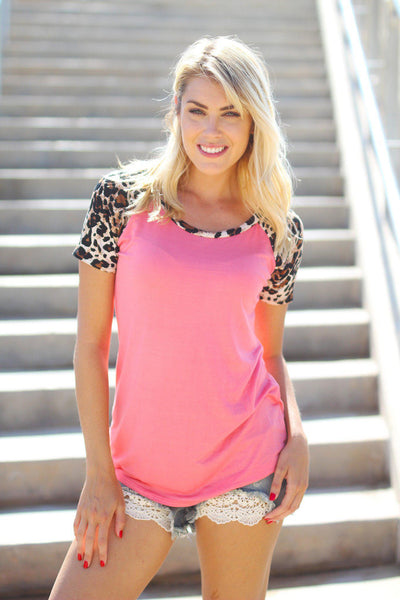 Coral Top with Leopard Sleeves