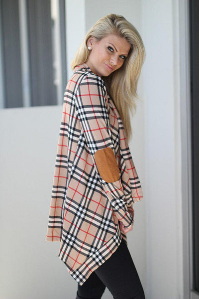 Taupe Plaid Cardigan With Elbow Patches