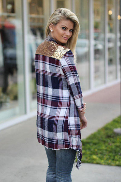 Burgundy Plaid Cardigan With Sequin Back