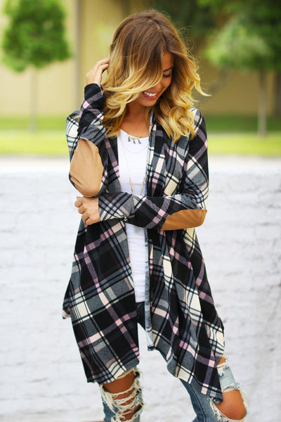 Black and Pink Plaid Cardigan With Elbow Patches
