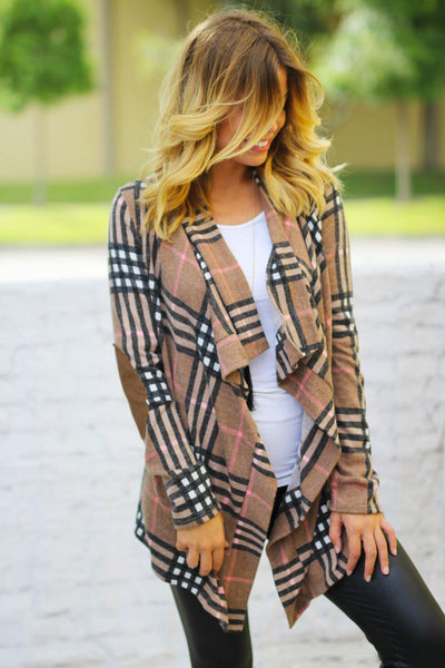 taupe plaid cardigan with elbow patches