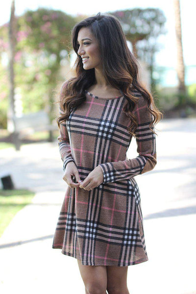 Mocha Plaid Dress with Elbow Patches