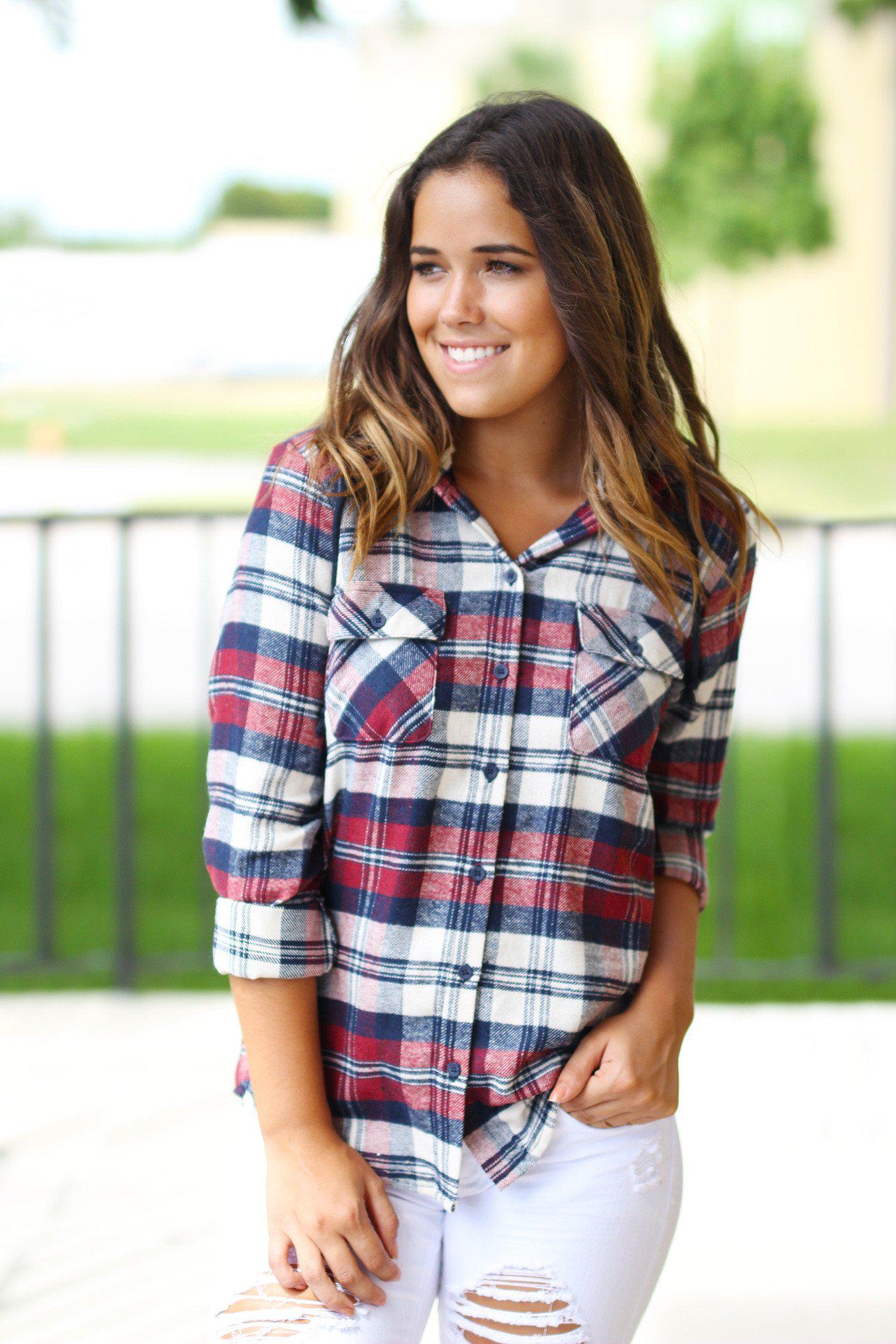 Plaid Flannel Top with Hood
