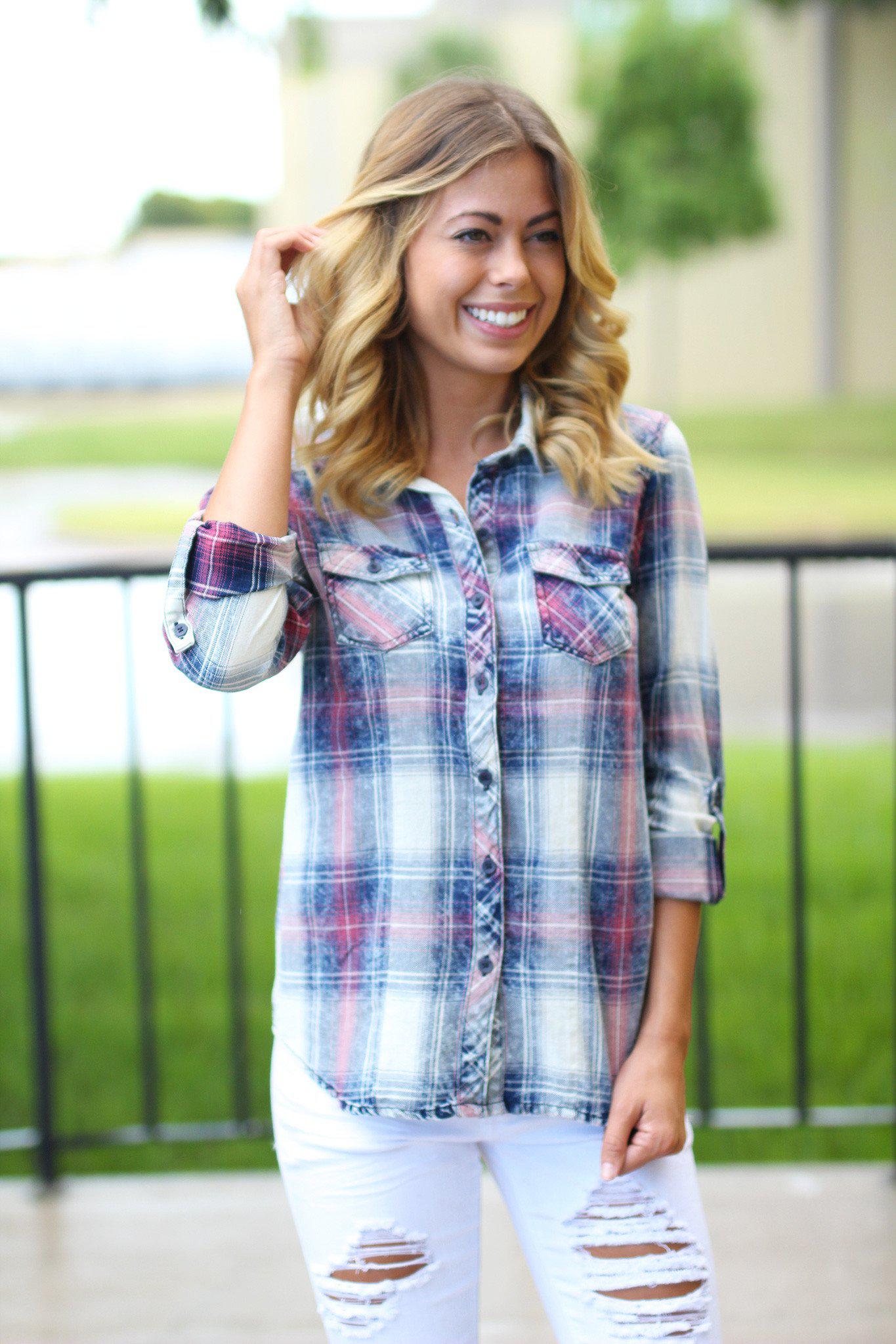 faded plaid top with front pockets