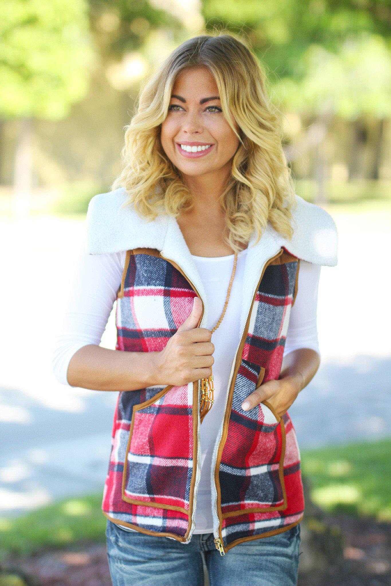 Red Plaid Faux Fur Vest