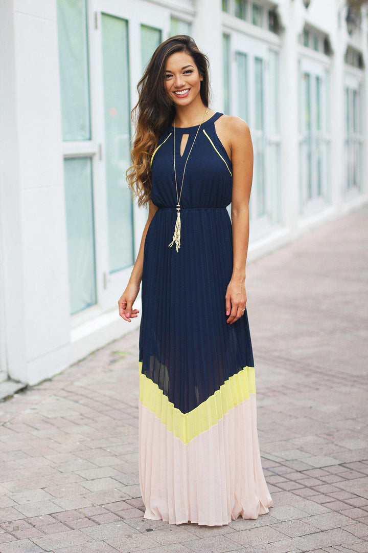 Navy Color Block Pleated Maxi Dress | Color Block Dress  Saved by the Dress