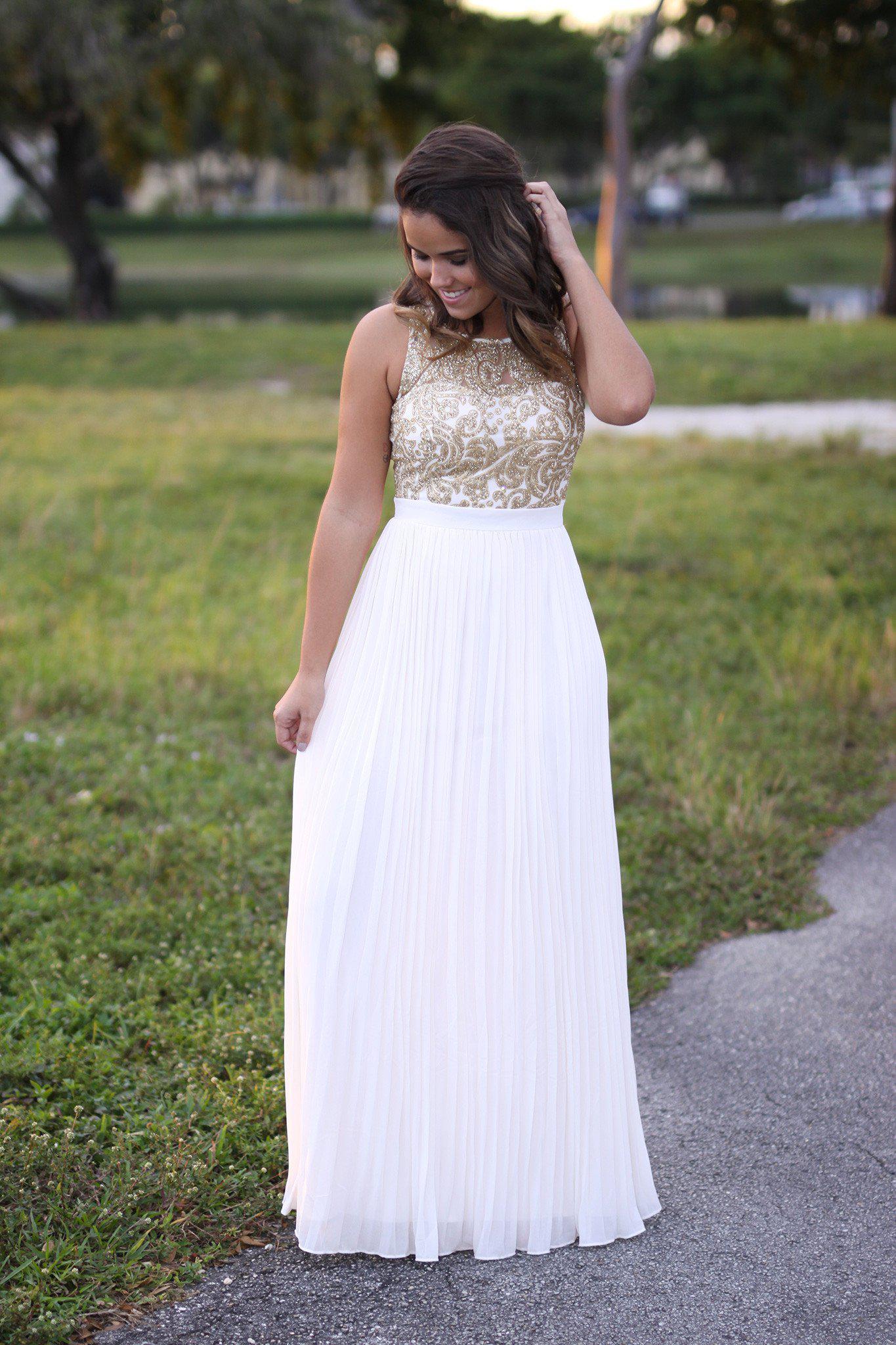 Cream and Gold Pleated Maxi Dress | Cream and Gold Bridesmaid Dress Saved by the Dress Cream and Gold Pleated Maxi Dress | Cream and Gold Bridesmaid Dress Saved by the Dress