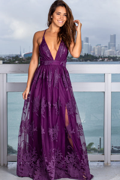 Plum Floral Tulle Maxi Dress with Criss Cross Back | Maxi Dresses ...