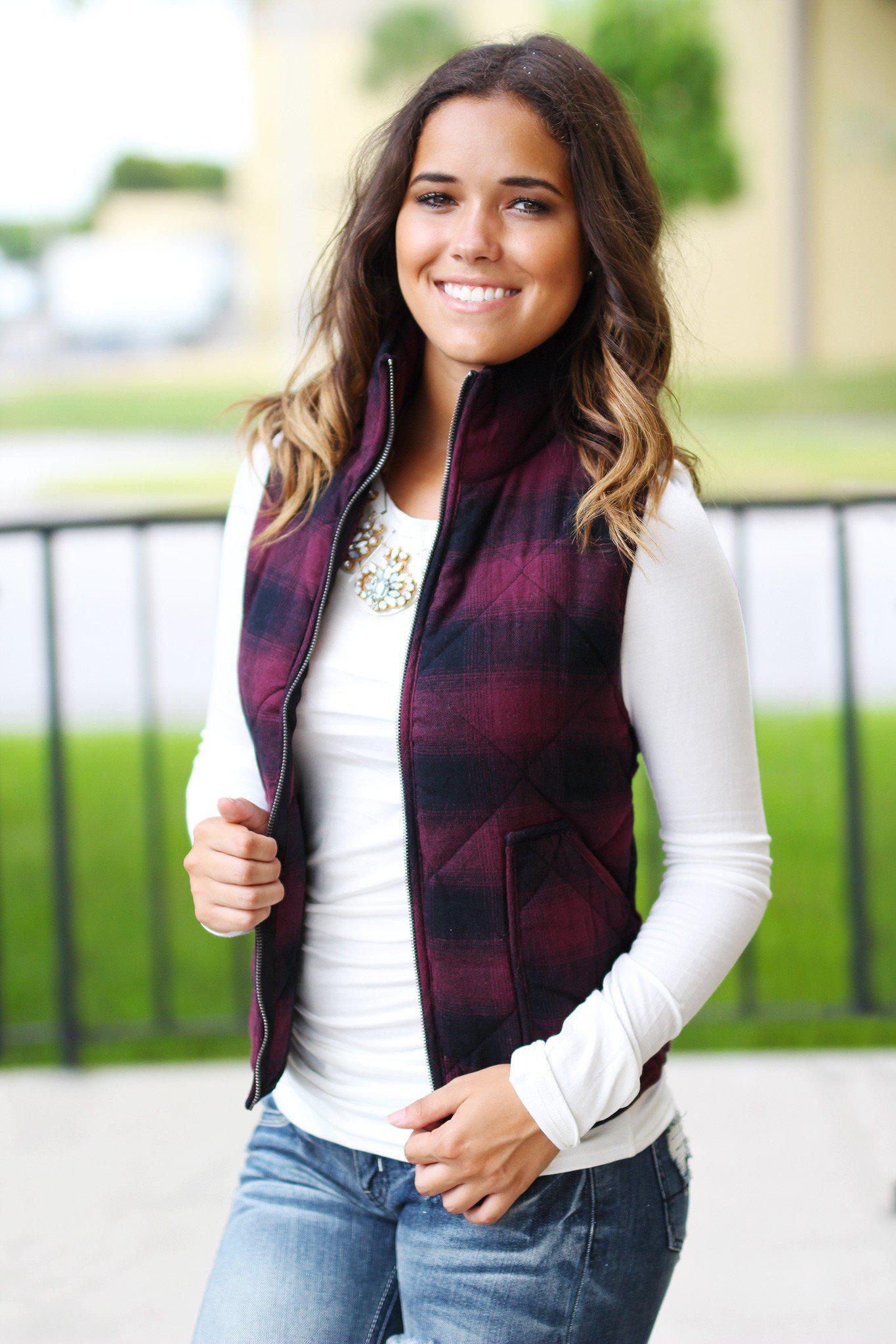 Plum and Black Flannel Vest With Pockets